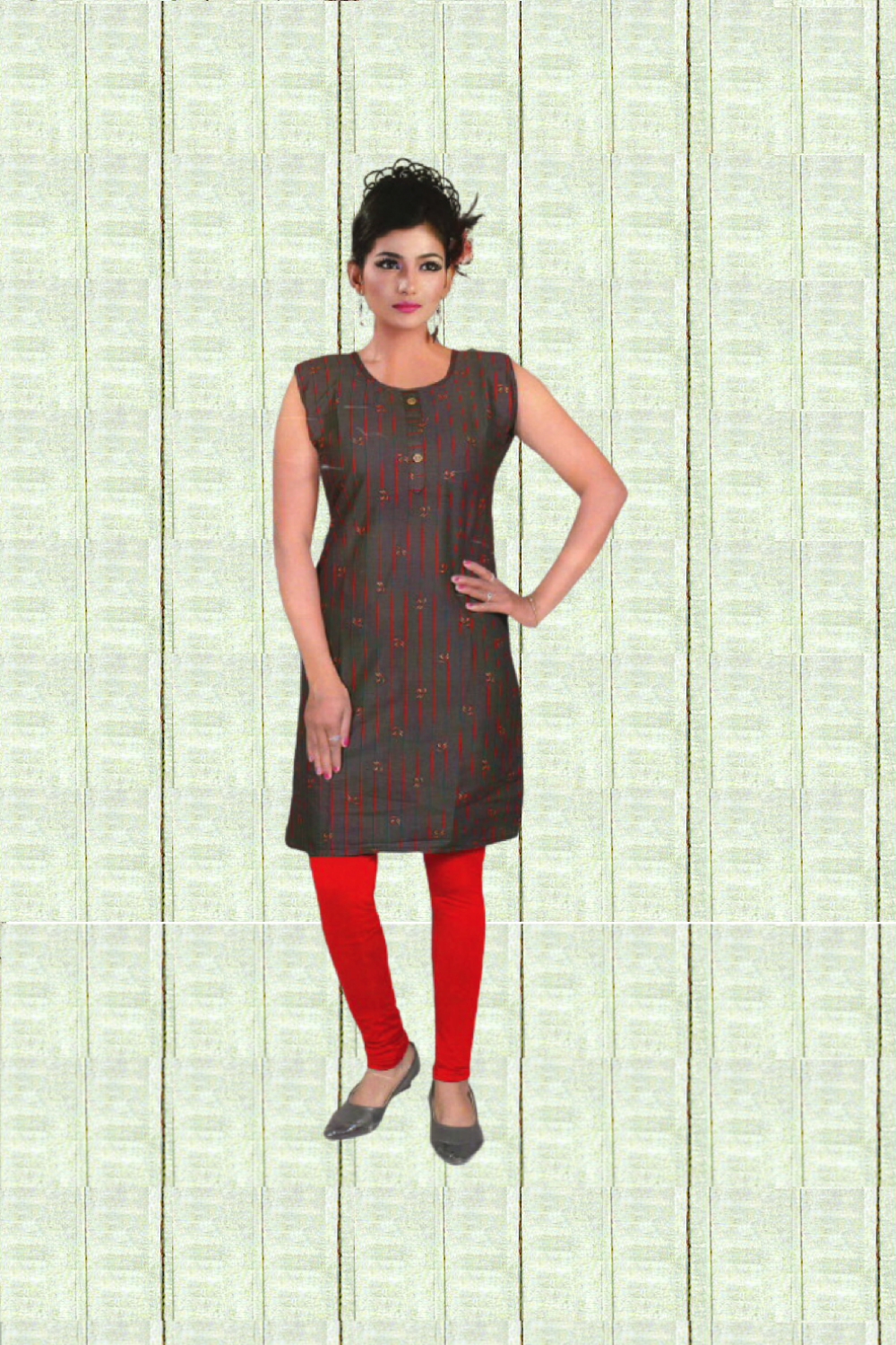  Cotton Stripe Flower Design Kurti - Dark Brown