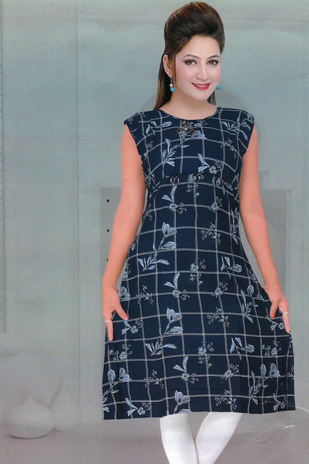 Rayon Print Kurti Checked Flower Design - Navy Blue